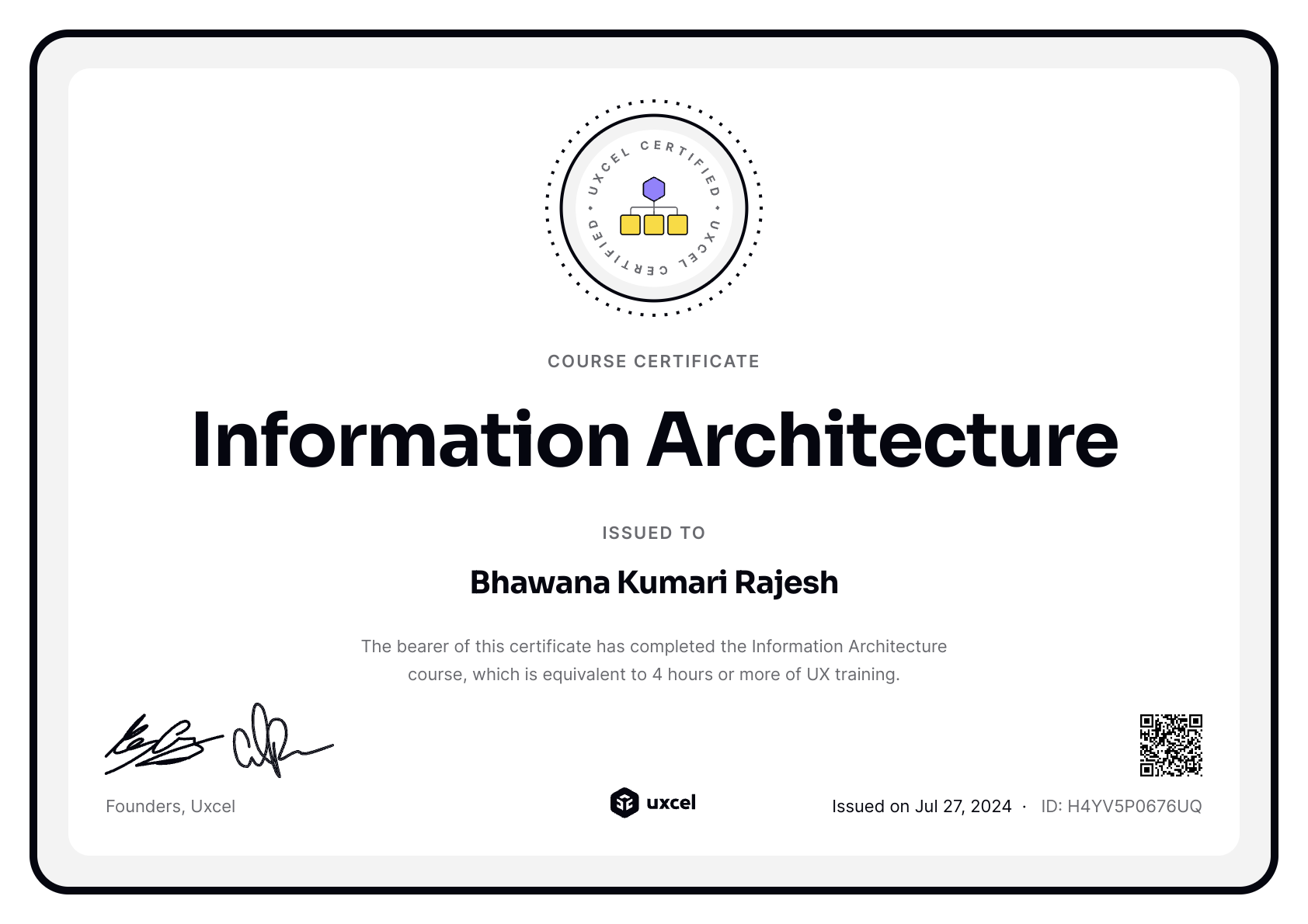 Bhawana Kumari Rajesh's certificate